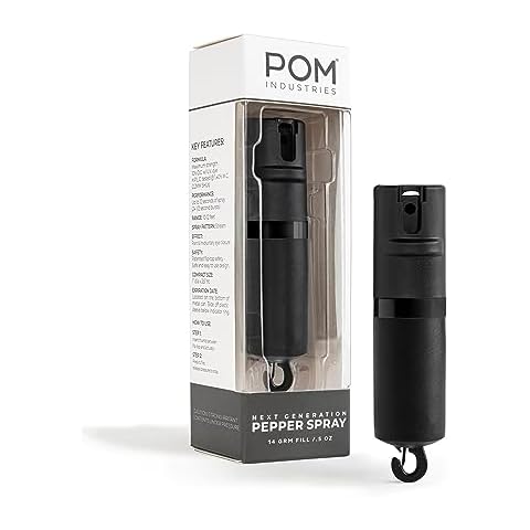 POM Pepper Spray Flip Top Snap Hook - Maximum Strength OC Spray Self Defense - Tactical Compact & Safe Design - Quick Key Release - 25 Bursts & 10 ft Range - (Group) (Black Black, One Pack) Cover