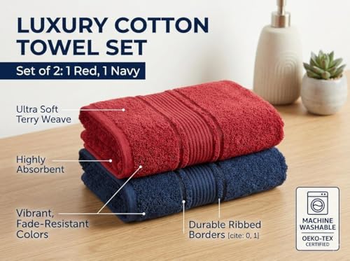 Image of Bath Towel Set of 2 | 380 GSM 100% Cotton Large Size Towels | Highly Absorbent, Quick Dry & Lightweight | Soft Bath Towels for Men & Women (Maroon & Navy Blue)