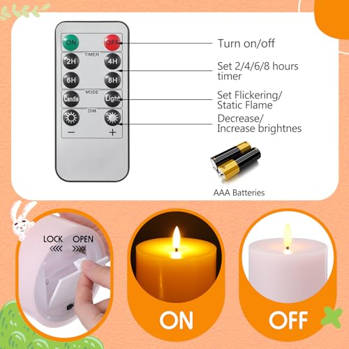 Image of Retisee 3 Pcs Easter 6 /8 /12 Inches Large Flameless LED Candles with Remote and 2 /4 /8 H Timer Yellow Pink and Blue Battery Operated Wax Flickering Candles for Spring Party Wedding Room Home Decor