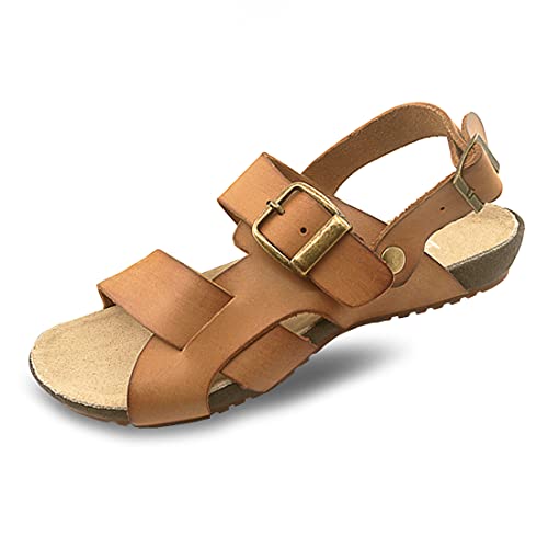 Harssidanzar Mens Leather Sandals Adjustable Ankle Strap sandals GM205,Tan,Size 11
