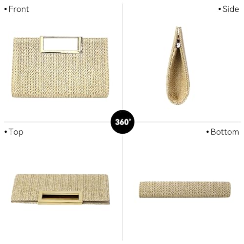 Image of Women's Straw Raffia Clutch Purse, Top Handle Woven Handbag with Crossbody Strap, Summer Beach Shoulder Bag