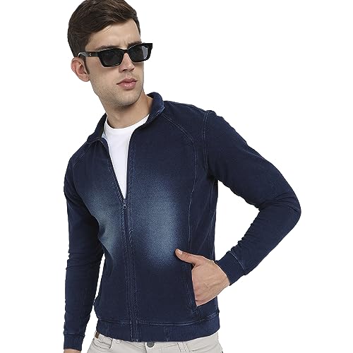 Image of Campus Sutra Men's Navy Blue Zip-Front Dark-Wash Denim Jacket For Casual Wear | High Neck | Long Sleeve | Zipper Closure | Cotton Jacket Crafted With Comfort Fit For Regular Wear