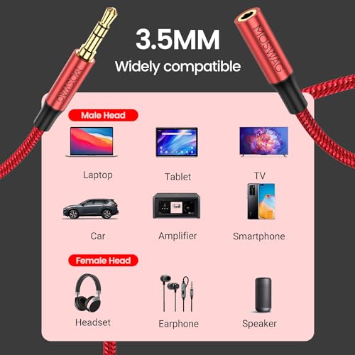 MOSWAG 3.5mm Extension Cable 32.8FT/10M Audio Male to Female Stereo Extension Adapter Nylon Braided Cord Compatible for Home/Car Stereos Smartphones Headphones Tablets Media Players and More - Image 2