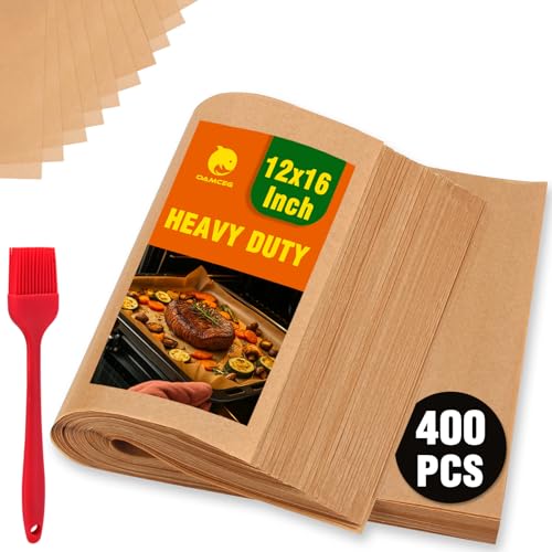 400 PCS Parchment Paper Sheets - OAMCEG 12x16 Inch Unbleached Pre-Cut Parchment Paper, No Chemical Non-Stick with a Silicone Brush, for Baking Grilling Bread Cup Cake Cookie