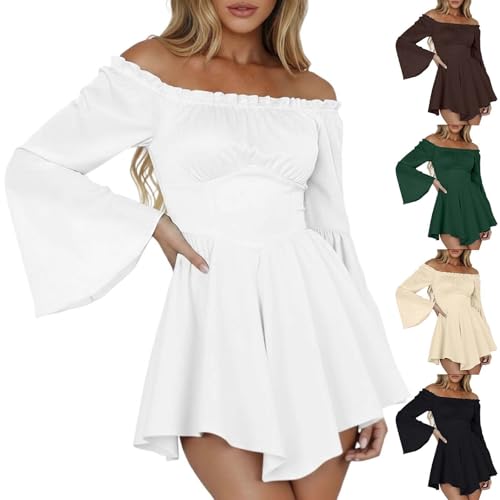 Piratenkostüm Damen Off Shoulder Strampler Weiß Kleid Langarm Rüschen Jumpsuit Shorts Elegant Chiffon Minikleid Einfarbiges A-Linien-Kleid...