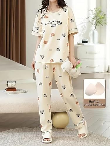 Image of Women's Pajama Set with Top & Pants|| Korean Night Wear|| Loose Fit Home Wear || Lightweight Printed Set || Soft & Comfy Girls & Women