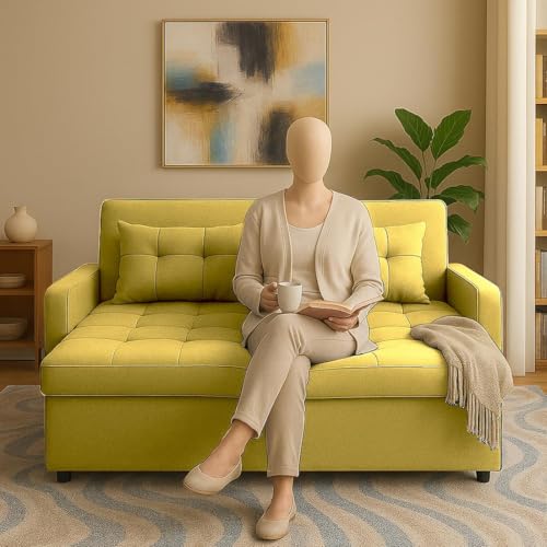 Image of Casaliving Treshta Pull-Out Premium Fabric Sofa Cum Bed Sofa Set for Living Room Premium Fabric Sofa Set for Living Room Sofa Cum Bed (Yellow, 2 Seater)