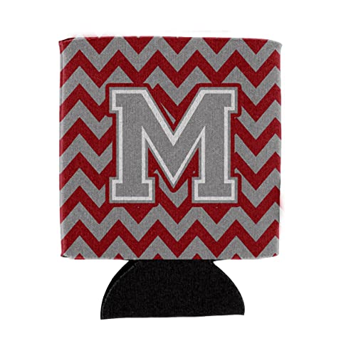 Caroline's Treasures CJ1043-MCC Letter M Chevron Crimson and Grey Can or Bottle Hugger Cooler Washable Drink Sleeve Collapsible Beverage Insulated Holder, Can Hugger, Multicolor