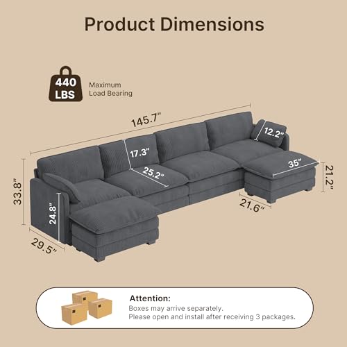 Image of Gizoon 4 Seater Modular Sectional Cloud Sofa with 2 Movable Ottomans U Shaped Corduroy Deep Seat Sofa Couches with Double Layer Upholstered Seat Cushion, Pet-Friendly Fabric, Gray