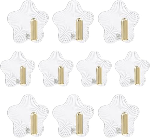 Image of Self Adhesive Golden Wall Hook Hanger with Magic Stiker Star Flower Design, Strong Transparent Hook with Gold Finish - Heavy Duty, No-Drill, Waterproof-Pack of 5