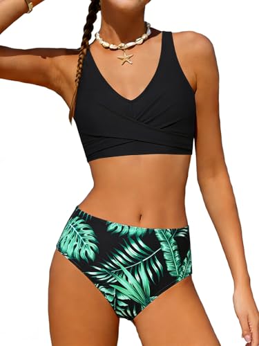 Image of Girls Swimsuit 2 Piece Bikini Set Swimwear Solid Color Bathing Suit 9-16T | Tropical Floral, Criss Cross, for Teen & Preteen