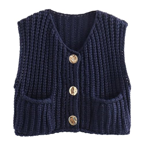 Image of Wyeysyt Womens Sleeveless Crop Knit Cardigan Casual Button Down Cropped Knitted Sweater Vest with Pockets(Navy-L)