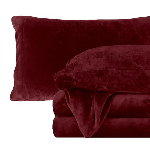 Elegant Comfort Luxuriously Soft 4-Piece Velvet Plush Flannel Sheet Set - Premium Quality - Cozy Warm, Anti-Static, Non Pilling Fuzzy Velvet Flannel Fleece Deep Pocket Sheet Set - Twin XL, Burgundy