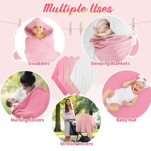 Image of Preboun 4 Pcs Muslin Hooded Baby Towels,32 inchx 32 inch Cotton Newborn Bath Towel Muslin Infant Baby Blankets Absorbent Unisex Newborn Registry Gift for Girls Boys(Pink Series)