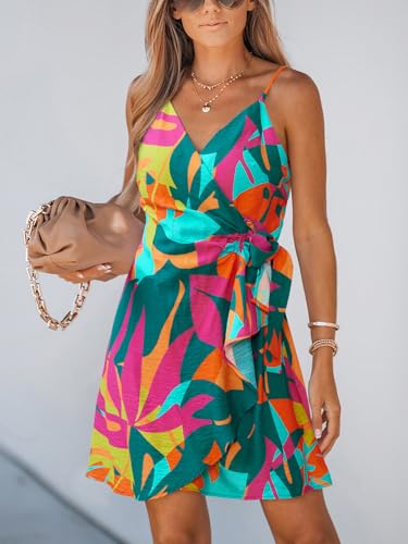 Image of CUPSHE Women Spaghetti Strap Summer Dress Surplice V Neck Wrap Waist Tie Casual Beach Sundress Holiday Vacation Mini Dress
