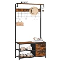 HOOBRO Coat Rack with Shoe Storage Bench, Coat Stand with Hooks and 2 Drawers, 4-in-1 Design, Coat and Shoe Rack, for Hallway, Entryway, Living Room, Bedroom, Rustic Brown and Black EBF08MT01