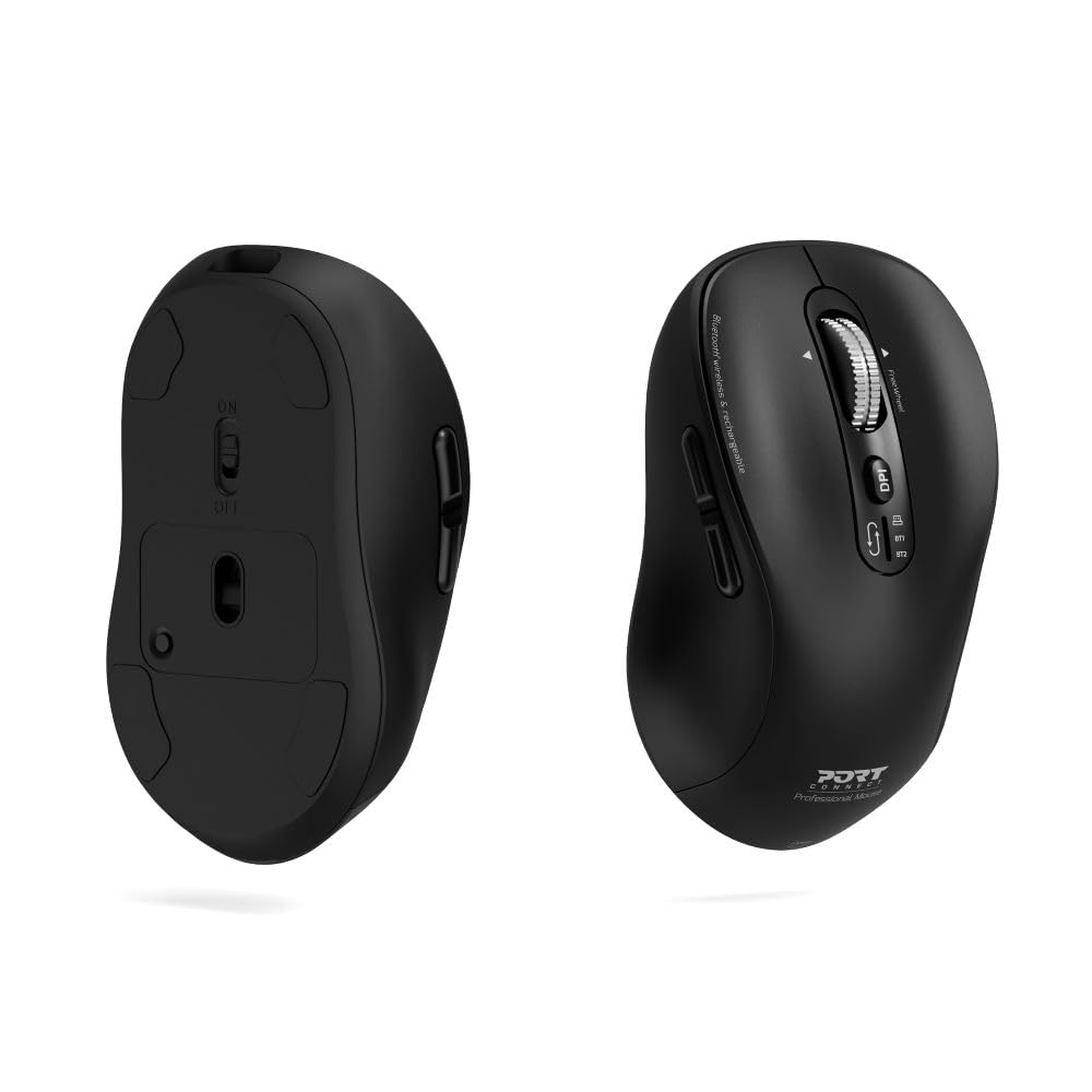 Port Connect Kabellose Maus für PC Pro, 2,4 GHz, Bluetooth, wiederaufladbar, USB-C, leise, 6 Tasten, Schwarz