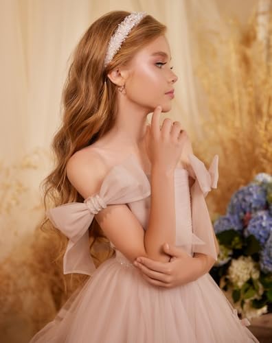 Fairy Flower Girl Dress Pink Tulle Pageant Dress for Girls 7-16 Princess Junior Bridesmaid Dress with Bows3