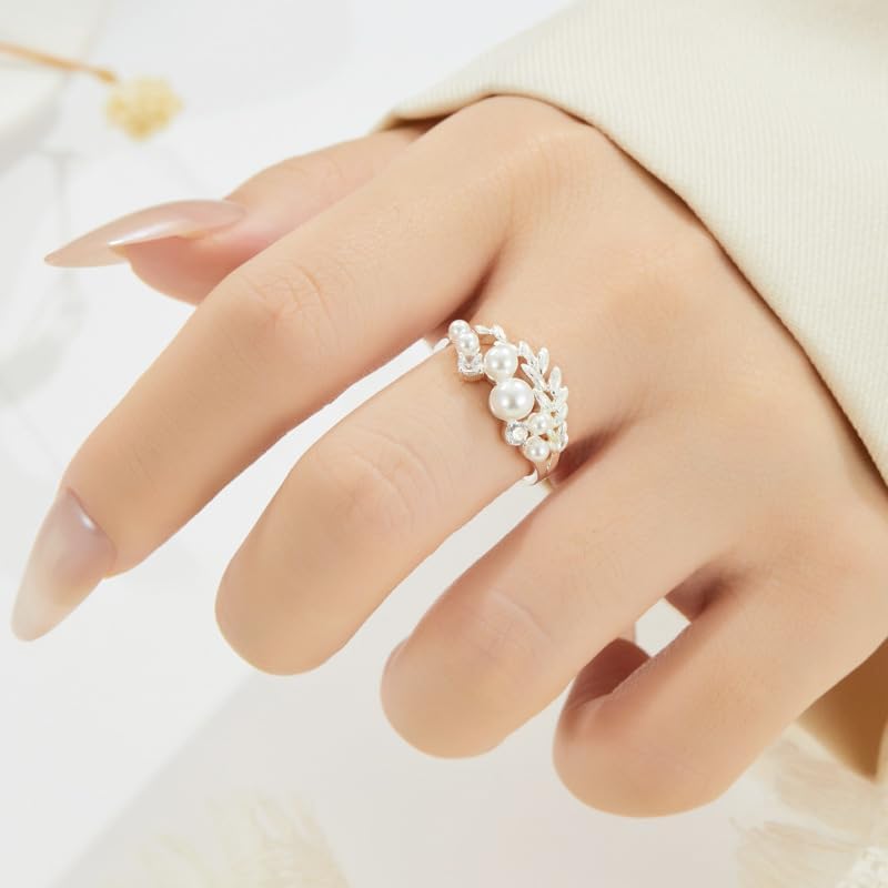 Kokoma Pearl Wheat Statement Ring for Women, Silver Plated Adjustable Open Band Crystal Leaf Promise Stacking Engagement Rings Band Wedding Jewelry - Image 2