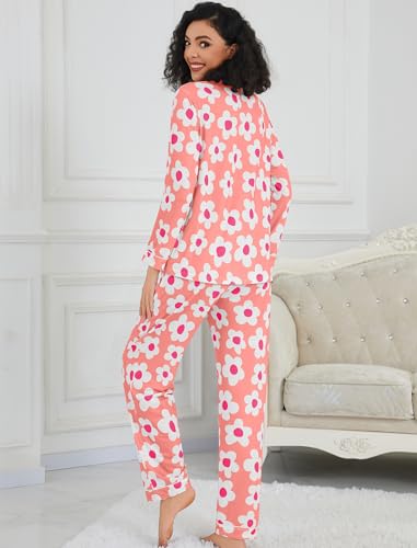 Image of SWOMOG Womens Pajamas Set Long Sleeve Sleepwear Button Down Nightwear Soft Cotton Pj Lounge Sets