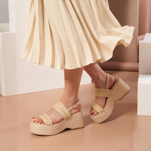 Image of EQAUDES Platform Sandals Women Open Toe Ankle Strap Summer Wedge Espadrille Sandals Cute Beach Straw Raffia Woven Sandals Comfortable Vacation Dress Shoes