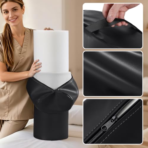 Image of Full Round Bolster Pillow, 26 inch x 9 inch PU Leather Massage Table Bolster with Strap Handle, Massage Pillow for Knee Back Ankles Pain Relief, Comfortable Leg Bolsters Cylinder Pillow for Home / Spa / Yoga