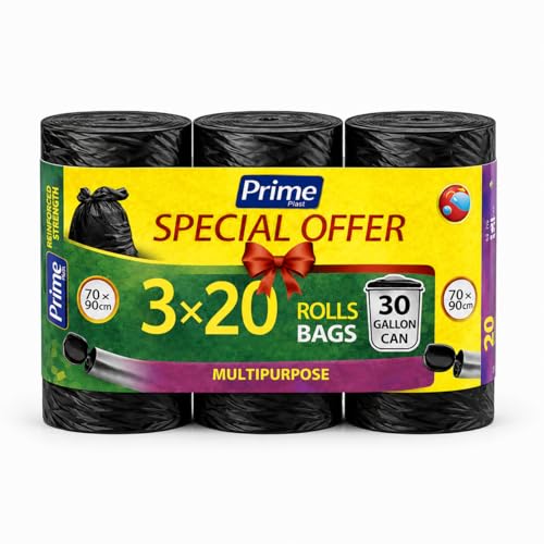 Prime Heavy Duty Garbage Bags 70x90cm 4 Rolls x 15 Bags or 3 Rolls x 20 Bags (60 Bags Total) Leakguard Strong Multipurpose Trash Bags Fits 30 Gallon Bin Liner for Home Kitchen & Outdoor Use