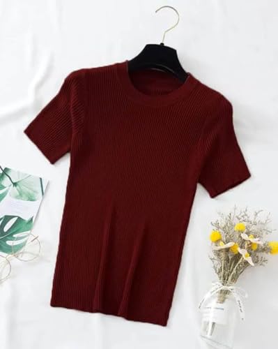 Image of Slim Fit Plain Stretchable Round Neck Rib Knit Short Sleeve Regular Top for Women | T Shirt | Tee