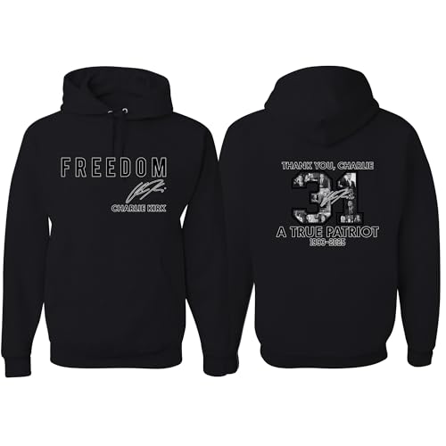 wild custom apparel Charlie Kirk Freedom Signature Front & Back Thank You 31 Freedom Sweatshirt Hoodies Black X-Large