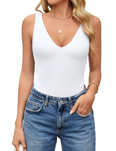 Avidlove Womens Thong Bodysuits Plunge Sleeveless Body Suit Deep V Neck Summer Trendy Leotard Sexy (White M)