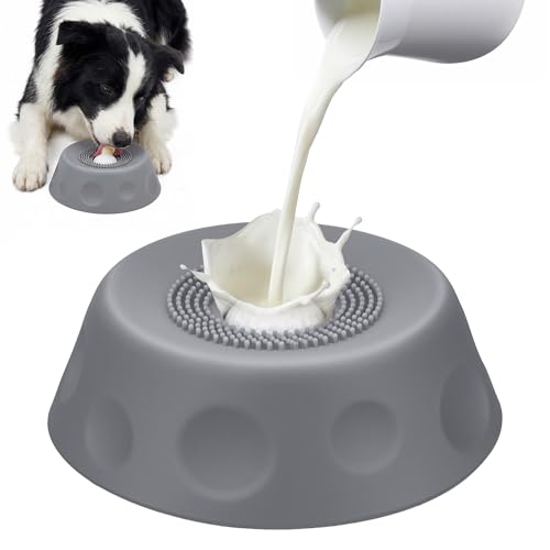 Homgaty Antischlingnapf Hunde für Flüssige Leckerbissen Silikon Leckspielzeug Hund Lick Bowl Für Hunde mit Integrierter Drehkugel Hundespielzeug Leckball Für Langsames Fressen (Grau)