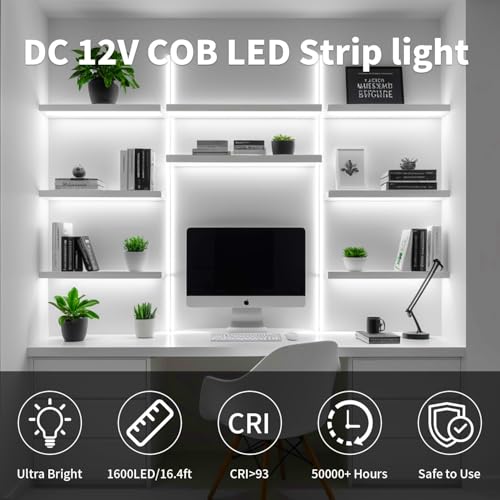Image of 5M COB LED Strip Light, 12V Cold White 6000K Cuttable LED Tape Lights with Plug, 8mm Width, CRI93+ High Bright Dotless Flexible Dimmable Light Kit for Bedroom TV Backlight Kitchen Cabinet Mirror Decor