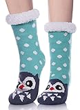 LANLEO Fuzzy Slipper Socks For Women with Grippers Winter Warm Thick Plush Fleece Lining Non Slip Christmas Home Socks Blue Owl