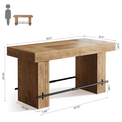 Image of Tribesigns 62.2 Inch Bar Table, Industrial Counter Height Pub Dining Table, Rectangular Home Bar Units with Metal Footrest for Home Kitchen, Dining Room, Bistro, Oak Wood