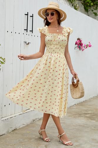 Image of Women's 2026 Spring Summer Floral Midi Dresses Square Neck Smocked Waist Beach Wedding Guest Long Flowy A Line Sundress