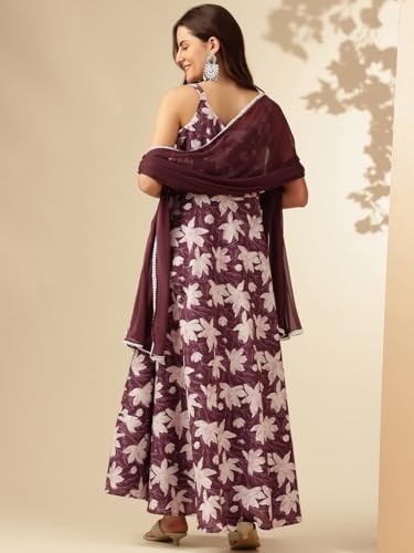 Image of Floral Anarkali Sleeveless Kurta with Dupatta, Maroon and White