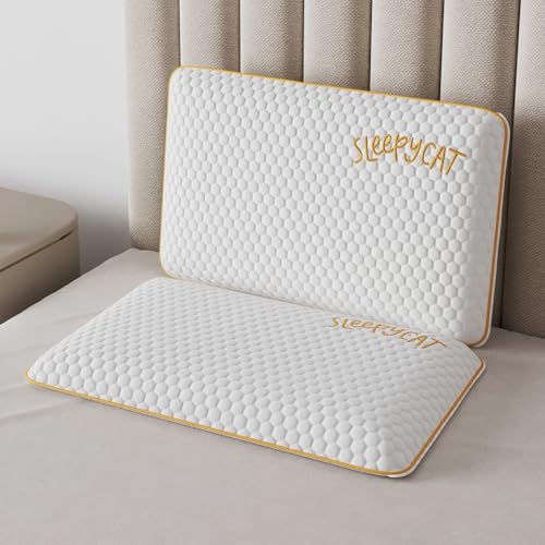 Image of SleepyCat Slim Memory Foam Pillow | 2.5 Inch Thin Support Pillow for Spine Alignment & Pain-Relief | Premium Bamboo Zipper Cover (Standard Size, 24.5 X 15 inches, White)-Set of 2