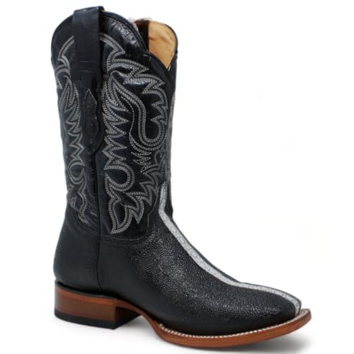 Men’s Genuine Leather Stingray Rowstone Print Square Toe Black Cowboy Western Boots