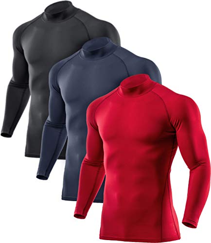ATHLIO Men's Thermal Wintergear Compression Baselayer Mock Long Sleeve Shirt, 3pack(lyt23) - Black/Charcoal/Red