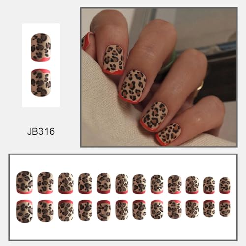 Image of Leopard print Press on Nails Red French Tip Fake Nails Short Square False Nail Fall Winter Nail Press ons Glossy Full Cover Glue on Nails Artificial Acrylic Stick on Nail for Women Manicure 24Pcs