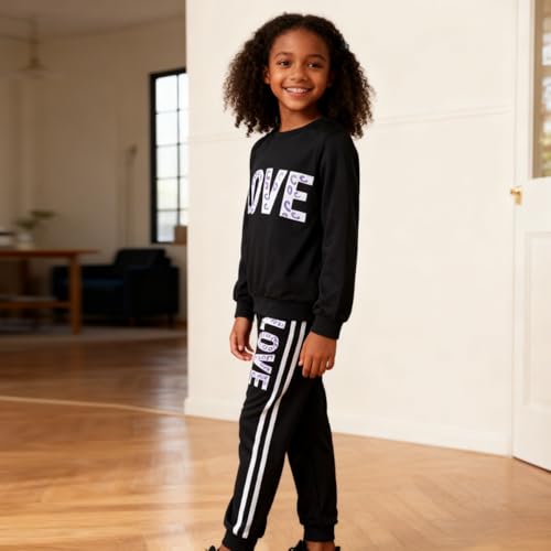 Image of Tween Girl's Letter Print Top + Jogger Pants 2 Piece Outfit Set Kids Clothing, Sizes 6-14 Years