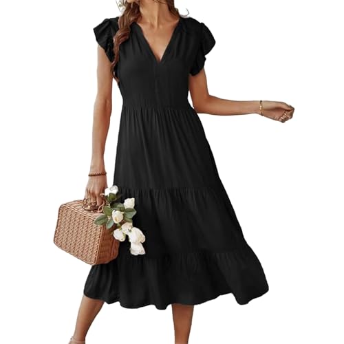 FQFGGYD Women's Flowy Midi Dress Summer Loose Casual Long Skirt Solid Color V-Neck Lotus Sleeve Date Night Outfit Comfy Dress