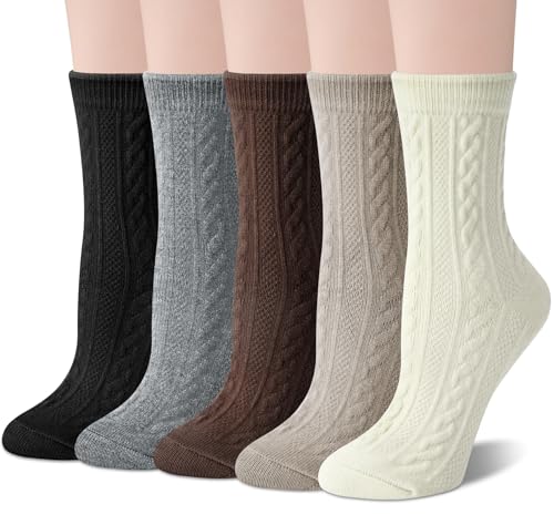 Image of Justay 5 Pairs Womens Wool Socks Thick Warm Winter Socks Casual Cozy Socks Vintage Knit Crew Socks Gift for Women
