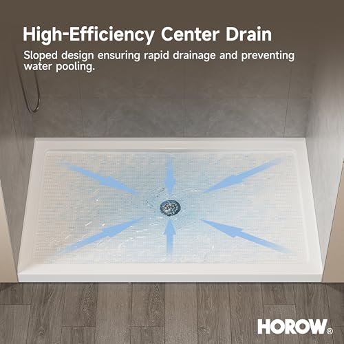 Image of HOROW 60 inch x 36 inch Shower Base, Center Drain Shower Pan, Low Profile Acrylic Base with Reinforced Fiberglass, Non-Slip Surface, Stainless Steel Drain Cover, Leak-Resistant for Bathroom