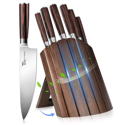 Knife Set 7 Piece Japanese Style Kitchen Knives Sets with Foldable Magnetic Acacia Wood Block Sharp High Carbon Stainless Steel for Kitchen with Anti-Slip Ergonomic Handle