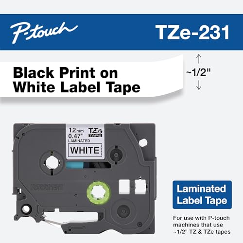 Image of Brother Genuine P-touch TZE-231 Tape, 1 /2 inch (0.47 inch) Wide Standard Laminated Tape, Black on white, Laminated for Indoor or Outdoor Use, Water-Resistant, 0.47 inch x 26.2' (12mm x 8M), TZE231