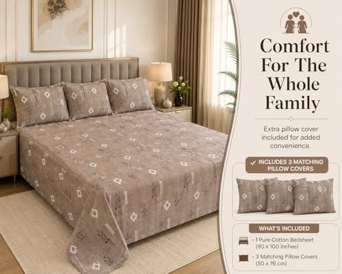 Image of 100% Pure Cotton King Size Bedsheet with 3 Pillow Covers | Family Size 90 x 100 Inches | Soft & Breathable Cotton Bedsheet fits Double Bed, Queen Bed, King Bed | Dark Beige Geometric Print