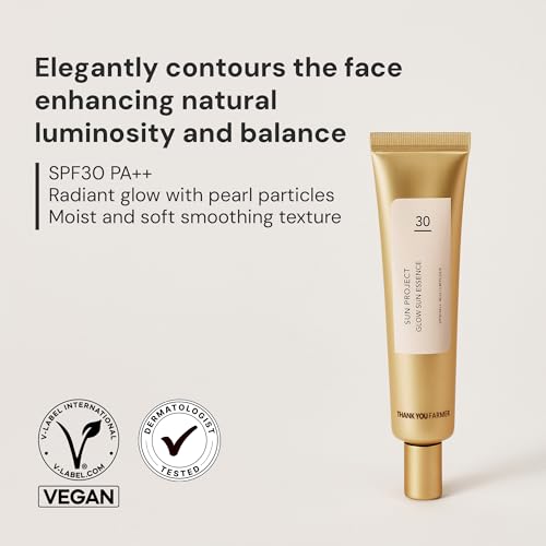 Image of THANKYOU FARMER Sun Project Glow Sun Essence SPF30 PA++ 40ml | Korean Tinted Sunscreen with Niacinamide & Lotus Water | Broad Spectrum UVA UVB Protection | Lightweight, Hydrating, Brightening, No White Cast, Makeup Base & Natural Radiant Finish