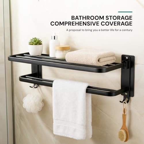 Image of MIORAH 24 Inch Powder - Coated Aluminium Towel Rack with Hooks - Rust - Free, Space - Saving Bathroom Towel Holder, Easy Installation Black
