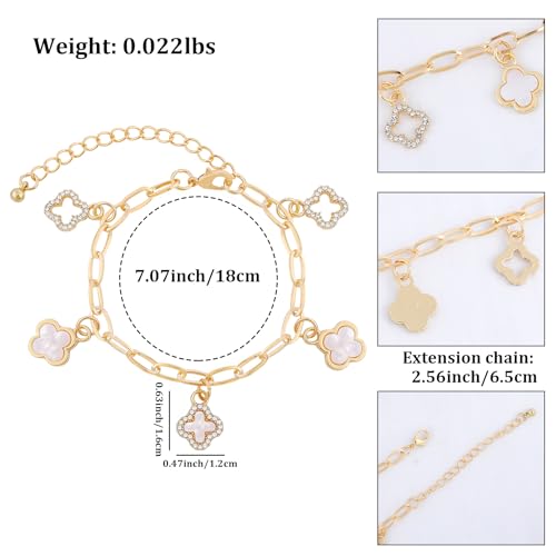 Gold Clover Charm Link Bracelet for Women Elegant Mother of Pearl Lucky Four Leaf Clover Bracelet Cute Hollow Rhinestone Clover Pendant Bracelet Adjustable Paperclip Chain Trendy Party Jewelry Gift2